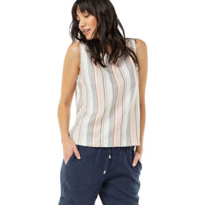 Liverpool Linen Blend Side Button Sleeveless Striped Tank in Hot Coral sz M